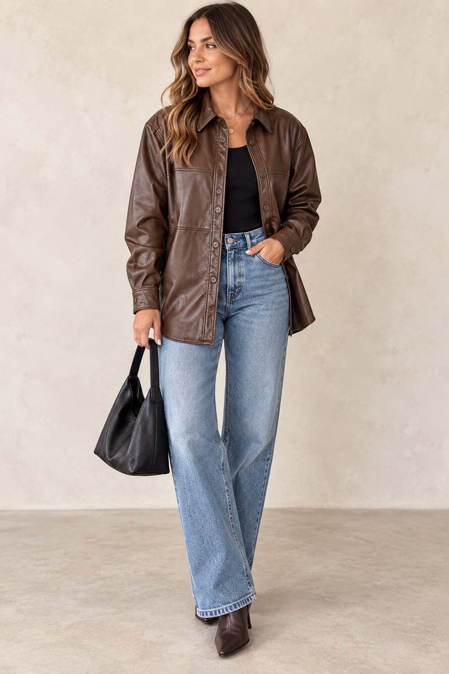 Babaton Aritzia Brown Faux Leather Button Up Shacket Jacket Size S